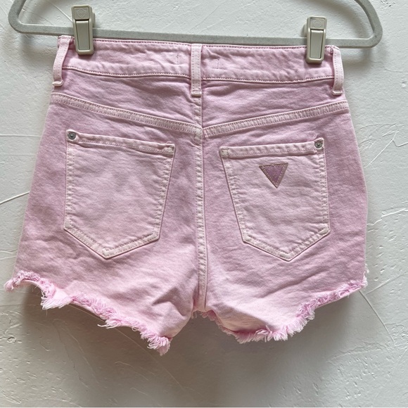 GUESS PASTEL DREAM HIGH RISE PINK RAW FRAYED HEM DENIM JEAN MOM SHORTS - Picture 7 of 14